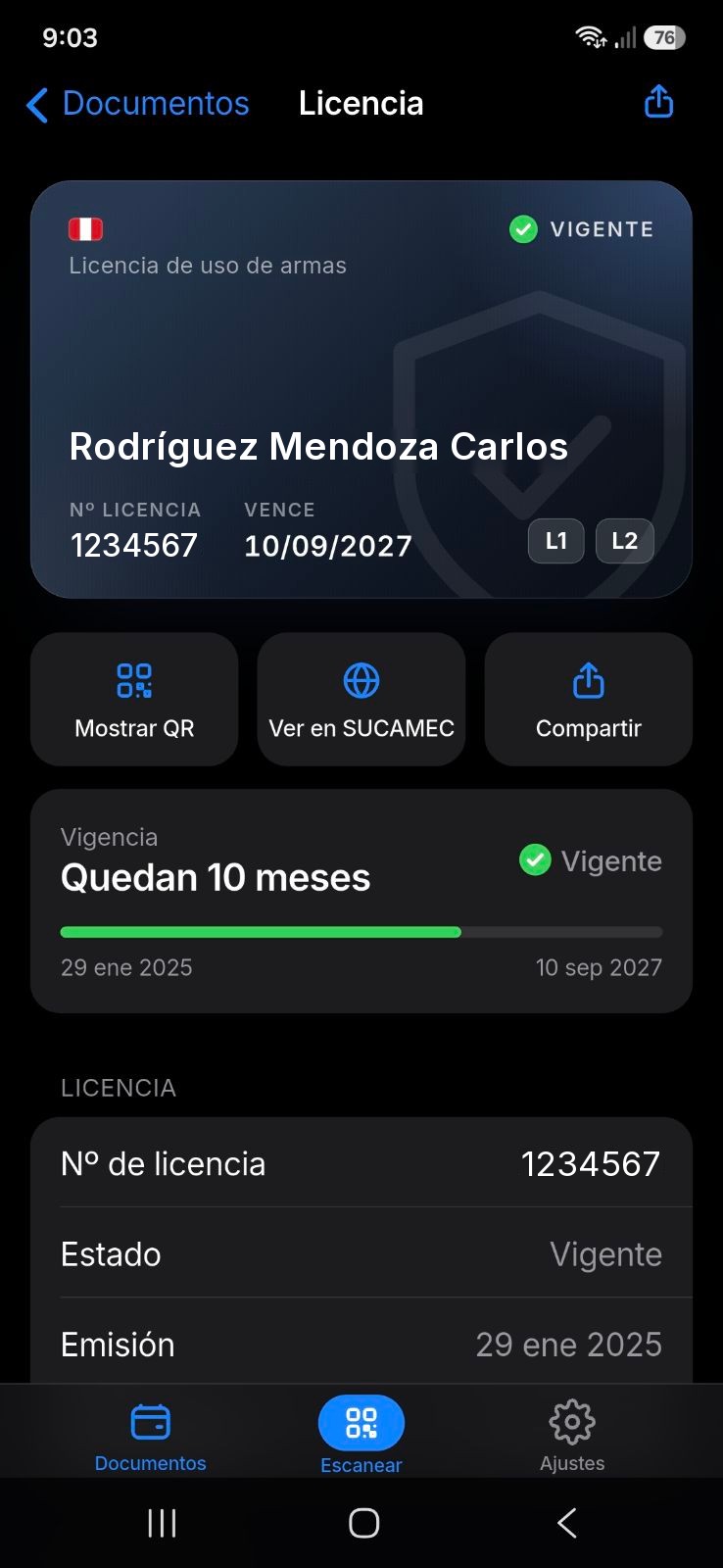 Pantalla de RDP-O con una licencia de uso de armas vigente (datos de ejemplo)